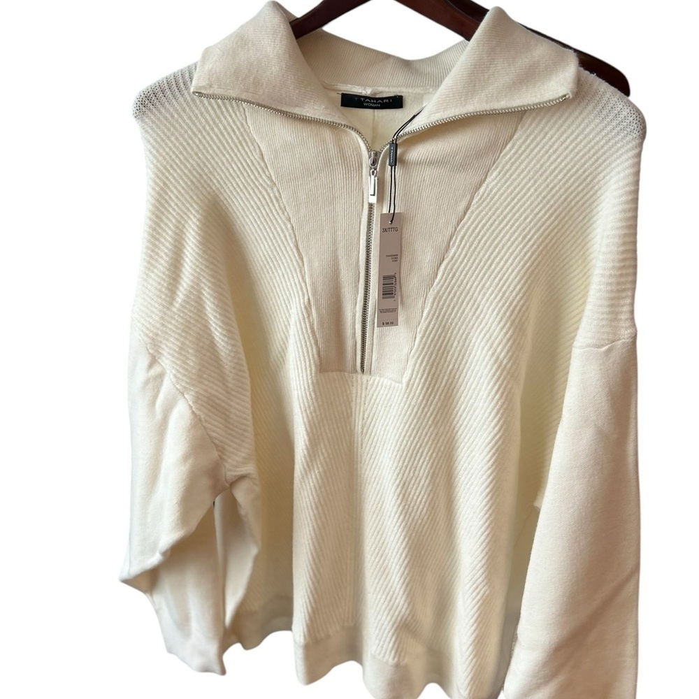 Tahari Women's 3X Ivory Full Zip Collared‎ Sweater Long Sleeve Casual